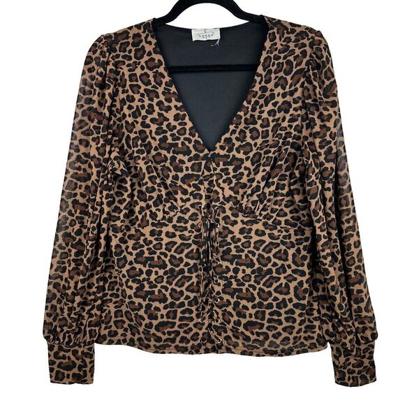 2/$30 Ember Leopard Mesh Corset Style Top L V-Neck Lace-Up Milkmaid Boho Mobwife - Picture 1 of 13